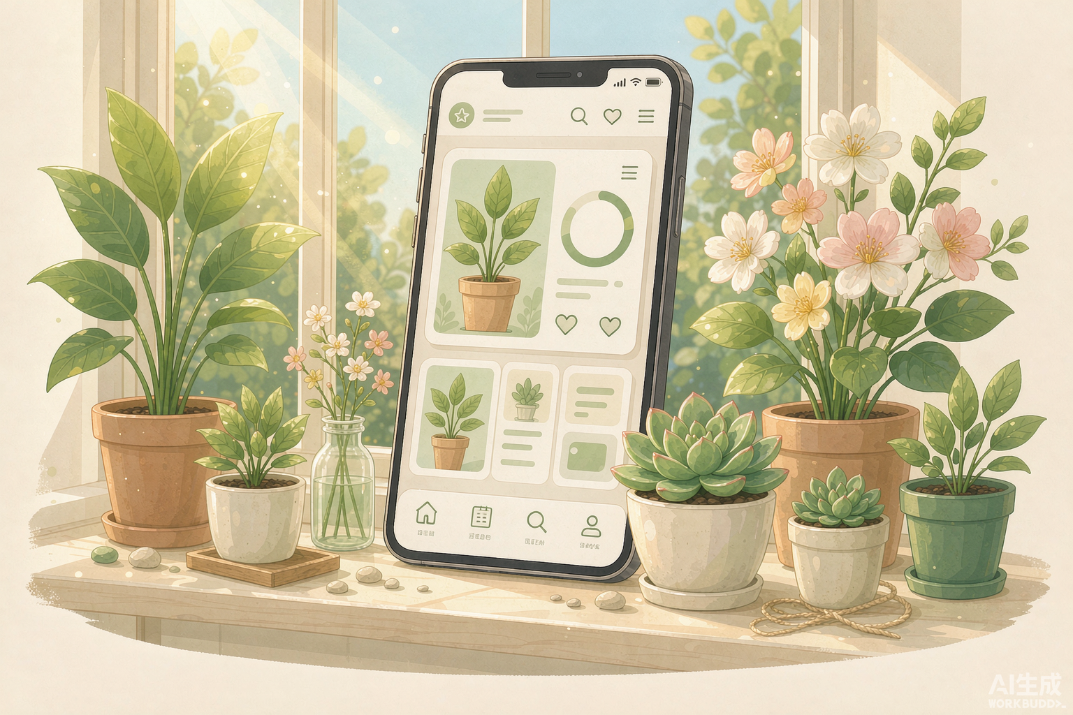 小窝开荒 App 与阳台植物插画